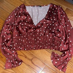 Zara crop blouse maroon with white dots